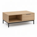 Rektangulært sofabord i naturfarvet egetræsfinér med skuffe og åbent rum, 100 x 60 x 45 cm