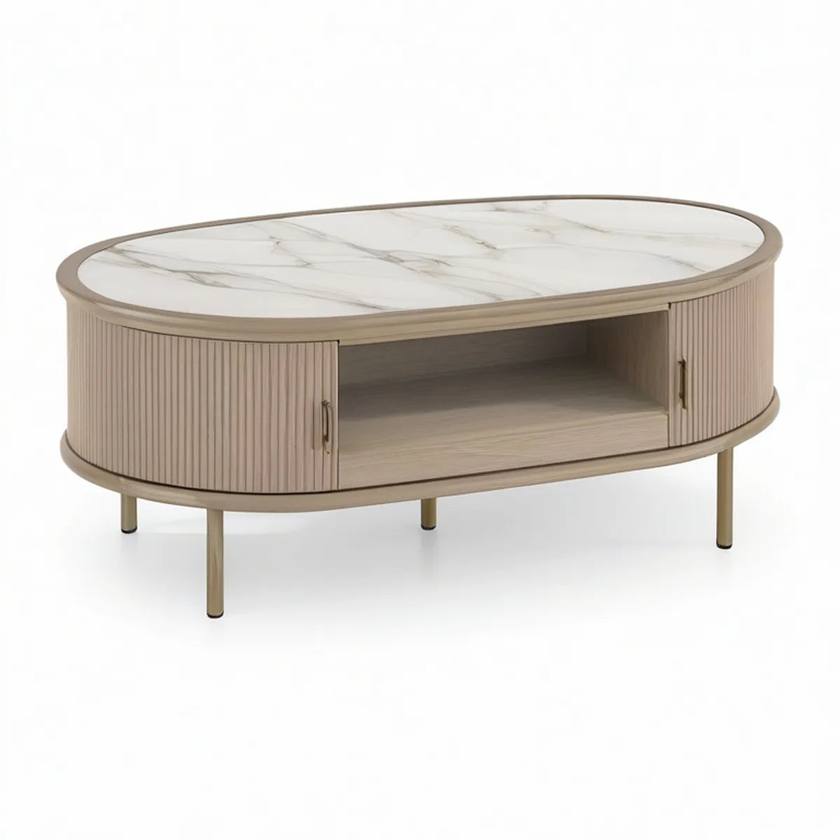 Ovalt sofabord med opbevaring, 120 x 60 x 45 cm, beige/hvid/champagne