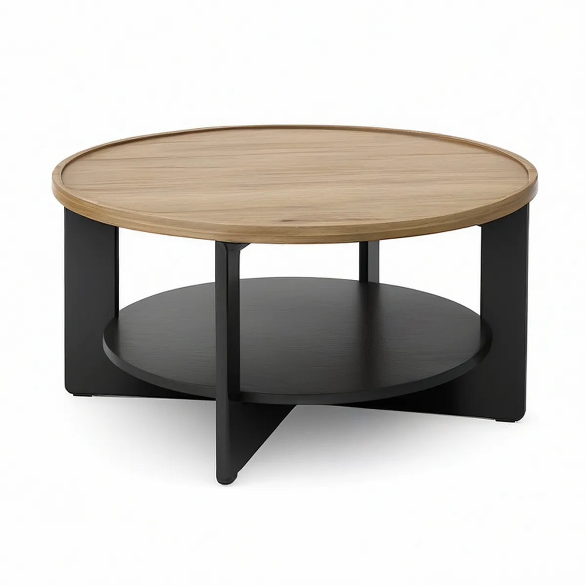 Rundt sofabord med hylde i egetræsfiner og sort MDF, Ø80 x 45 cm