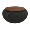 Rundt sofabord med rillet sort MDF-base og mørkebrun valnøddefineret bordplade, Ø80 x H35 cm