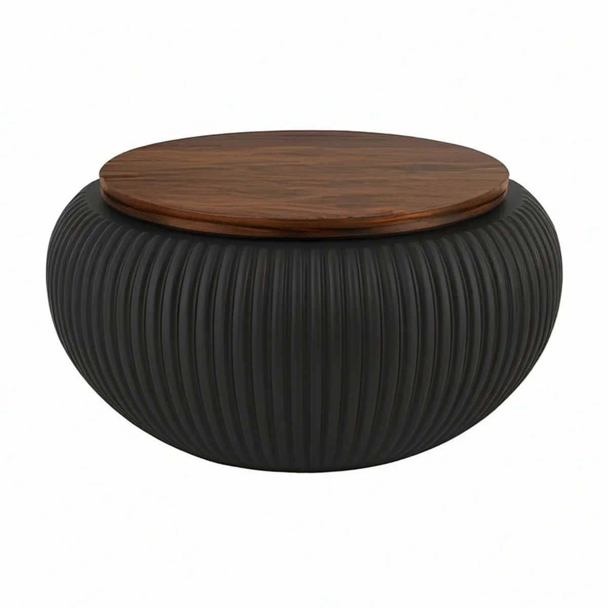 Rundt sofabord med rillet sort MDF-base og mørkebrun valnøddefineret bordplade, Ø80 x H35 cm