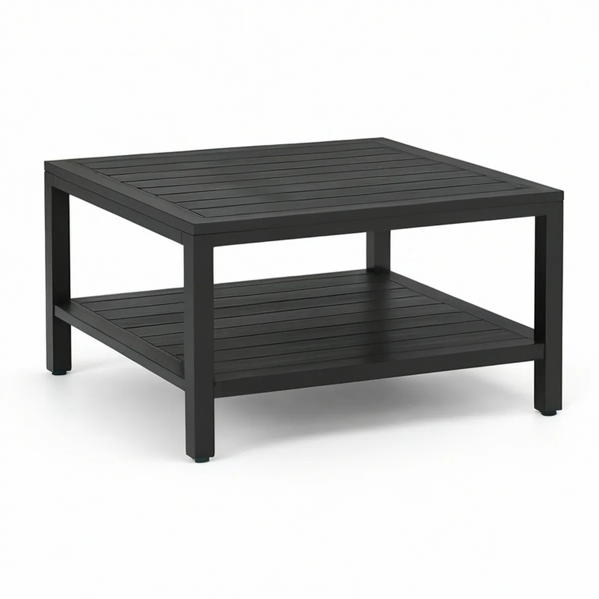 Kvadratisk sofabord med hylde i sort pulverlakeret aluminium, 80 x 80 x 45 cm