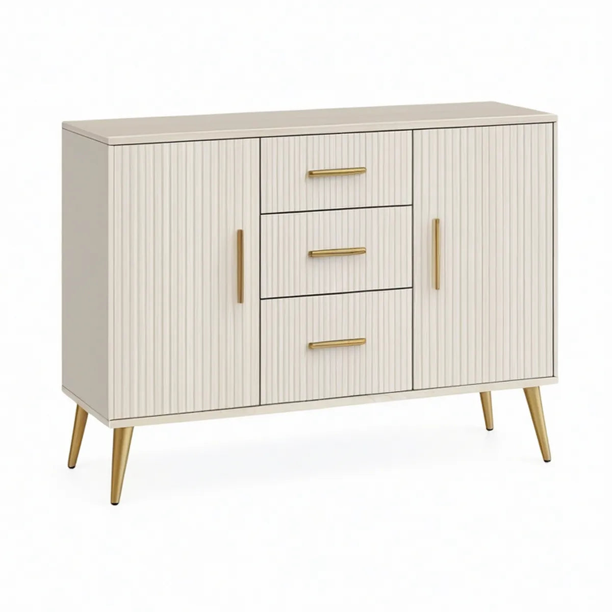 Skænk 120 x 40 x 80 cm med 2 låger og 3 skuffer, hvid/guld